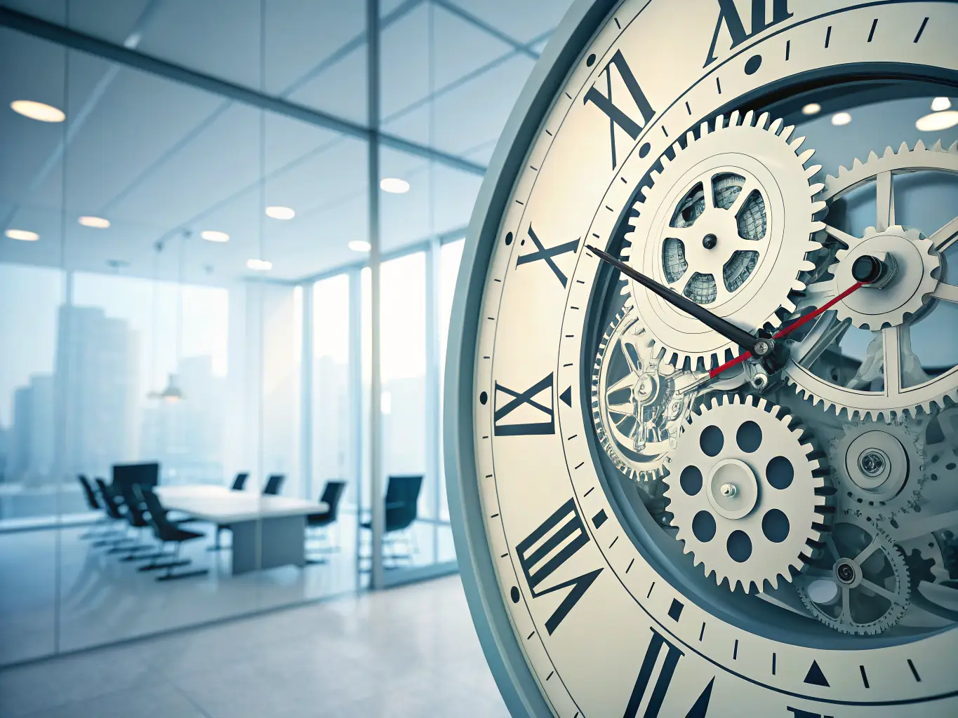 A digital illustration depicting a clock with gears turning inside, symbolizing time-saving through automation, set against a backdrop of a modern office environment.