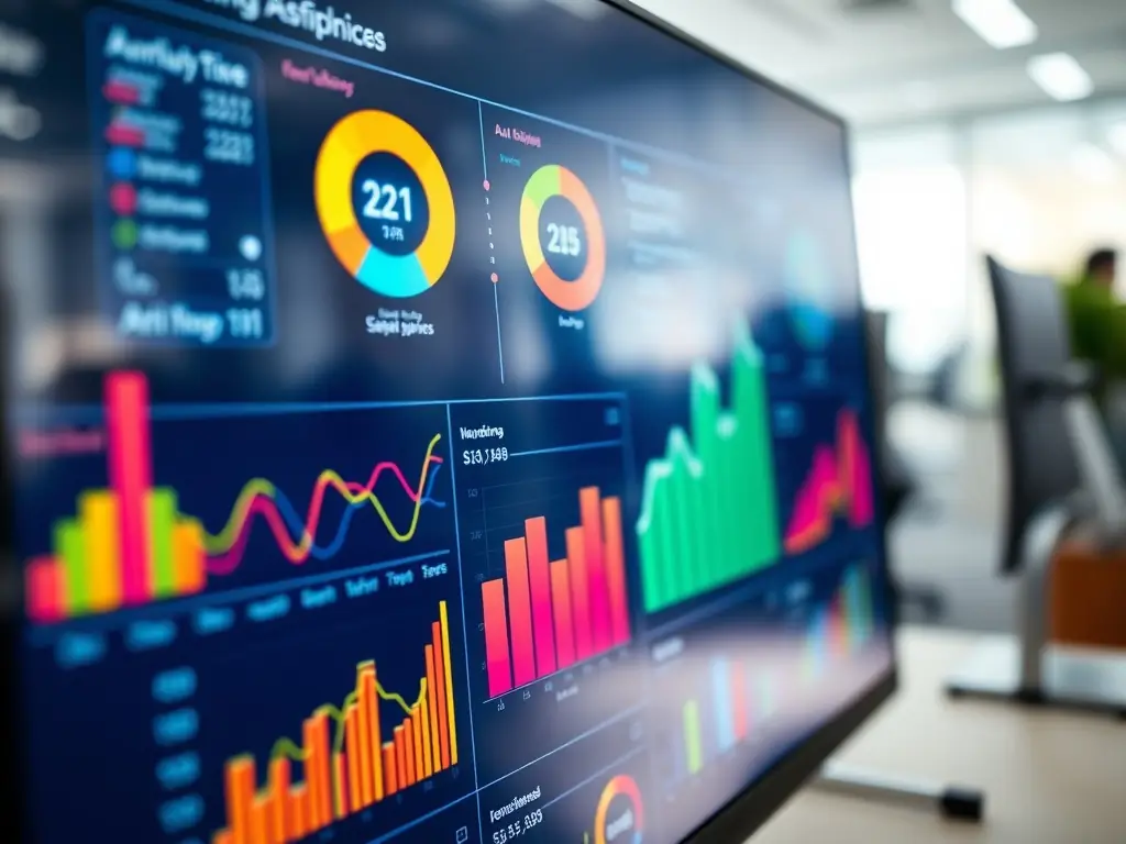 A visually compelling image depicting a digital dashboard with AI automation metrics, showcasing improved efficiency and reduced errors in a business process.